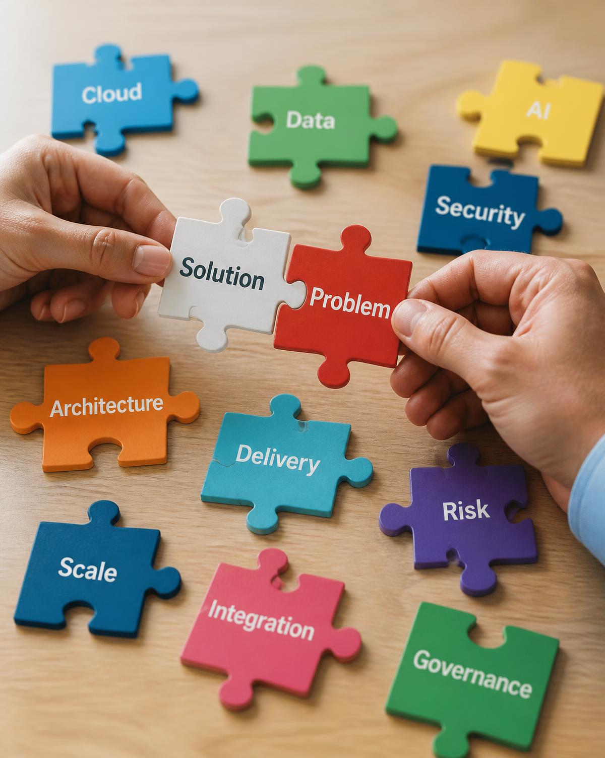 Two hands connecting jigsaw pieces labelled Solution and Problem among scattered technology terms